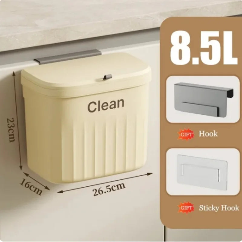 Wall Mounted Kitchen Trash Can with Lid – Hanging Cabinet Garbage Bin (8.5L / 12L)