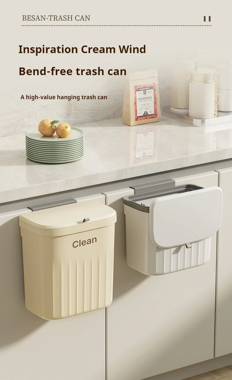 Wall Mounted Kitchen Trash Can with Lid – Hanging Cabinet Garbage Bin (8.5L / 12L)