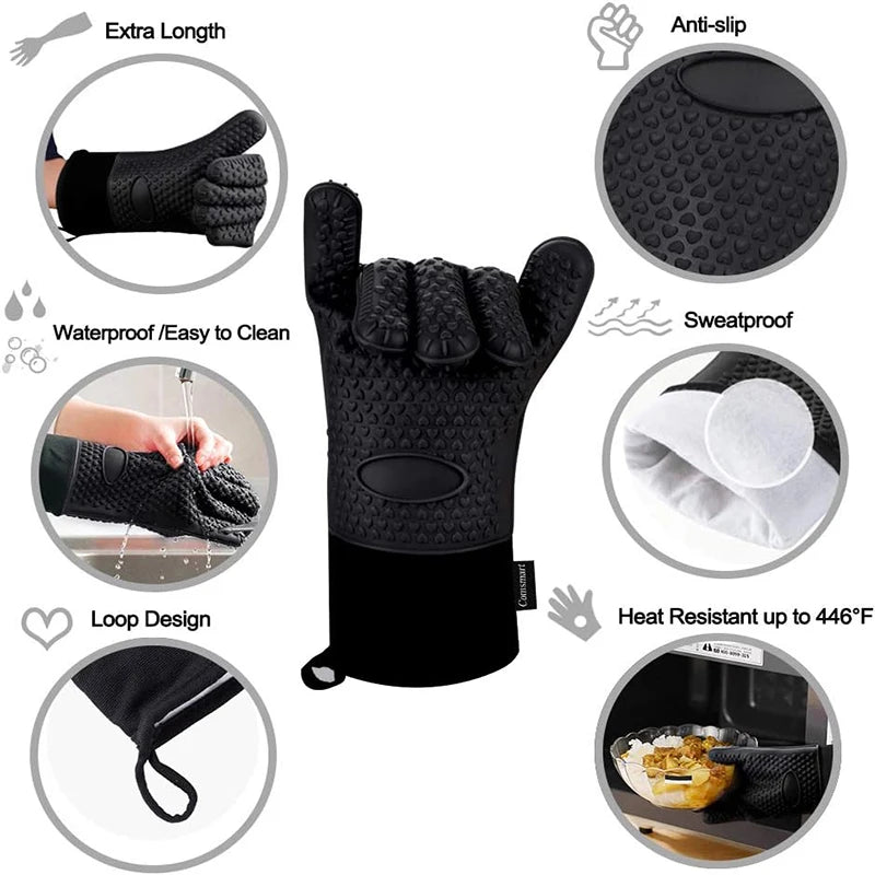 Silicone Oven Gloves Heat Resistant – Non-Slip BBQ & Kitchen Baking Mitts