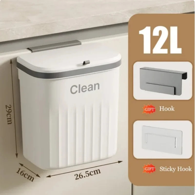 Wall Mounted Kitchen Trash Can with Lid – Hanging Cabinet Garbage Bin (8.5L / 12L)