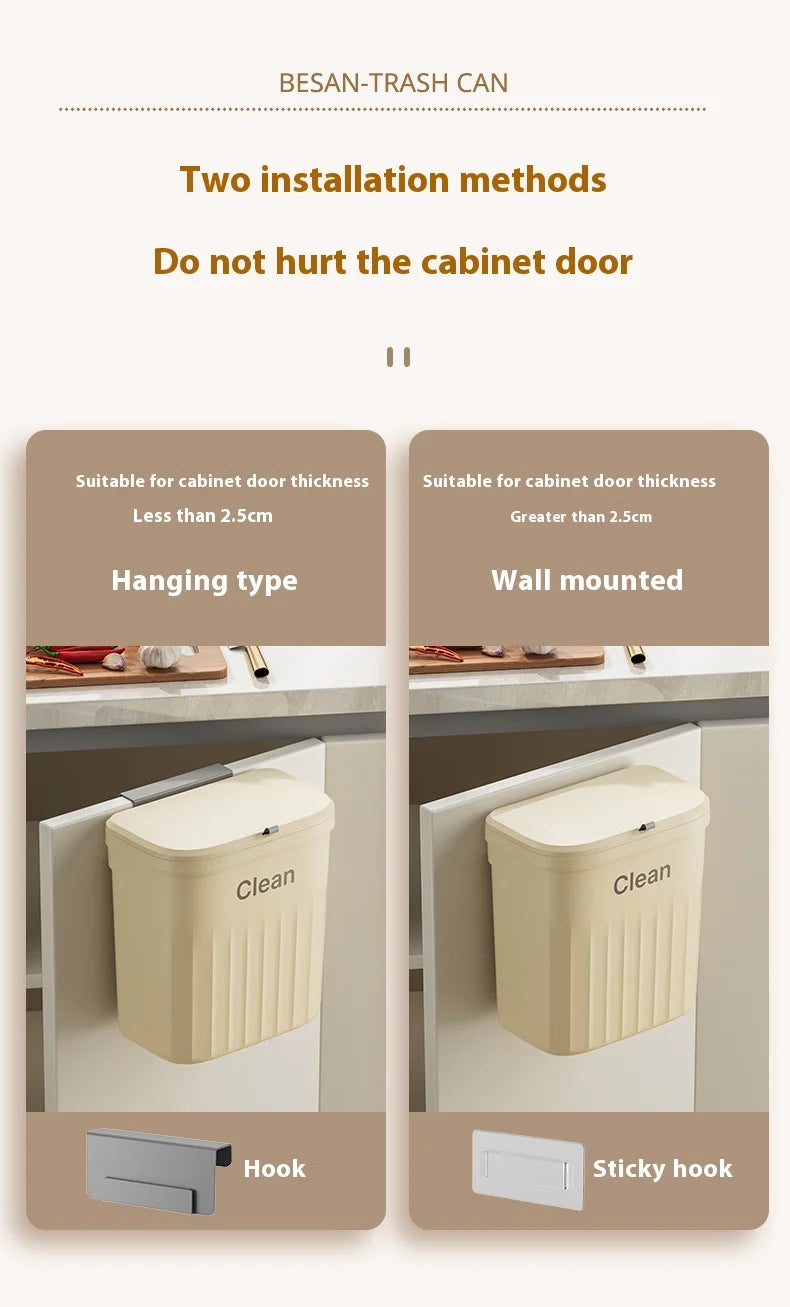 Wall Mounted Kitchen Trash Can with Lid – Hanging Cabinet Garbage Bin (8.5L / 12L)