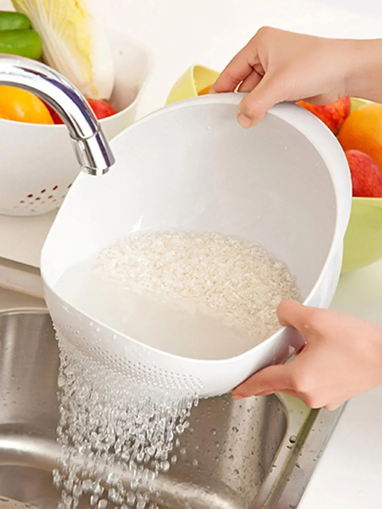 Multi-Function Rice Washer & Drain Basket – Kitchen Colander for Rice, Fruits & Vegetables