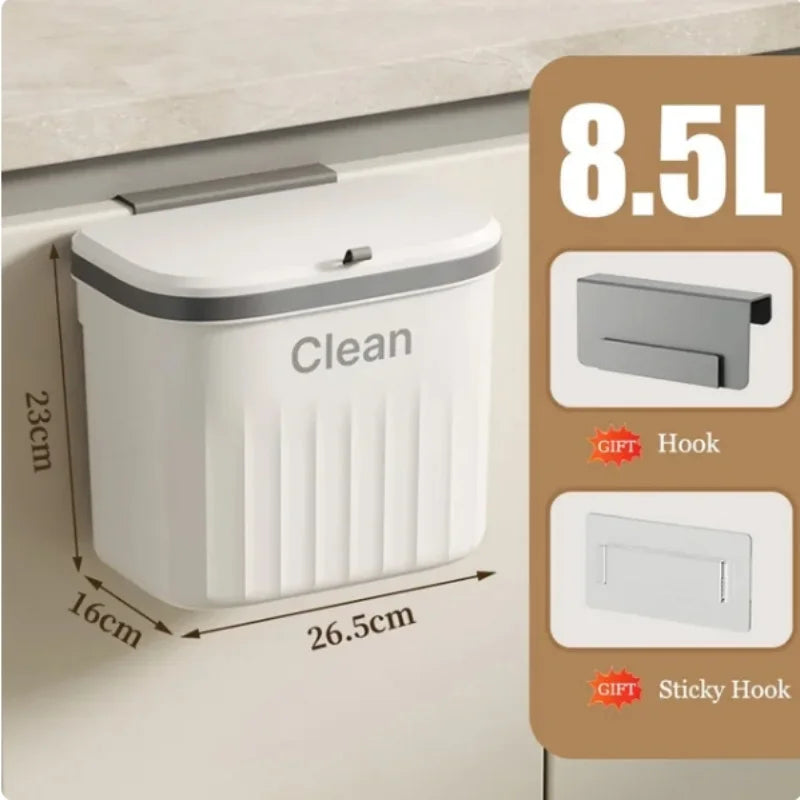 Wall Mounted Kitchen Trash Can with Lid – Hanging Cabinet Garbage Bin (8.5L / 12L)